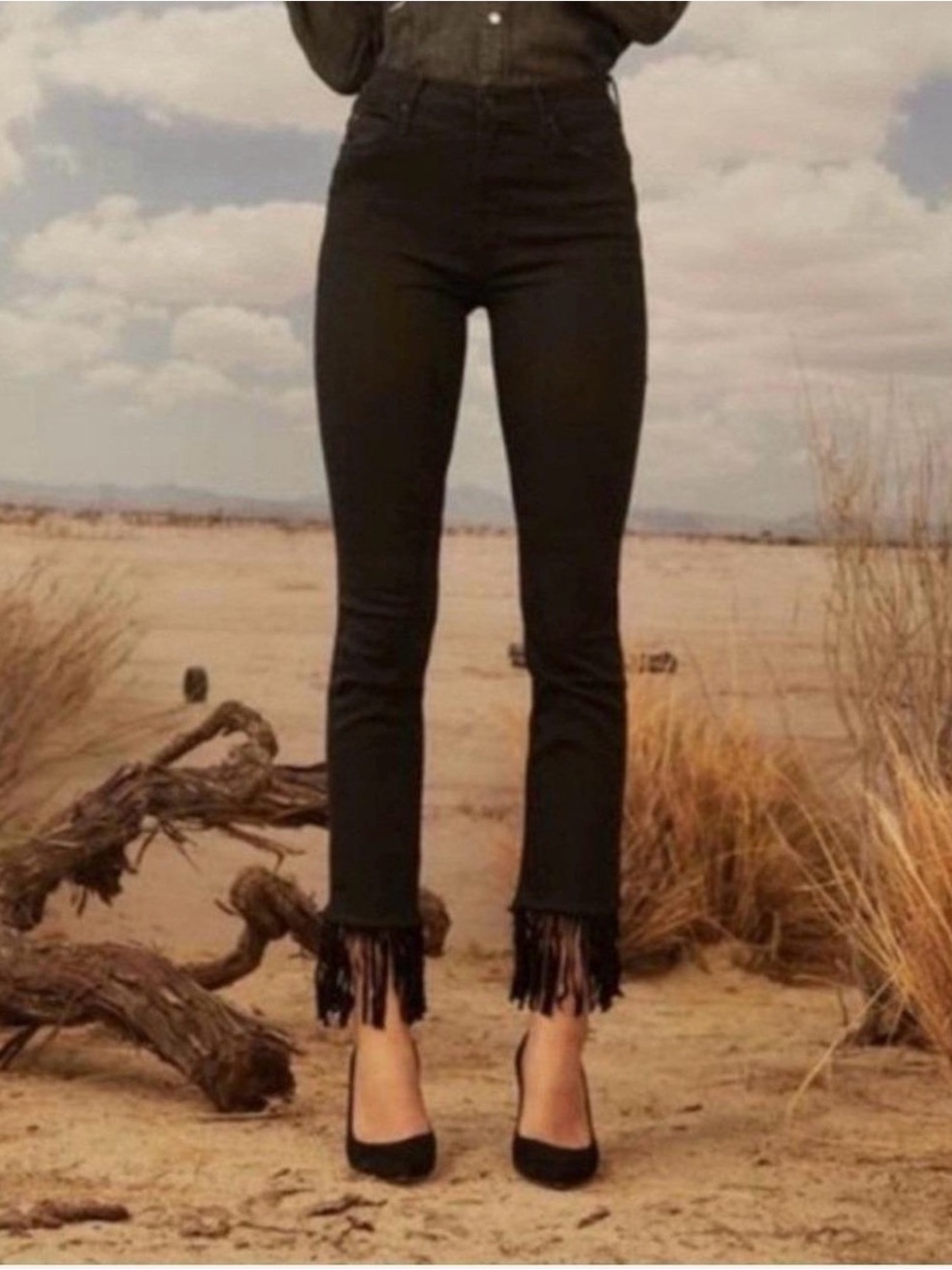 MOTHER Black Fringe Hem Highwaisted Rascal Crop Fray Jeans in Black